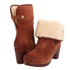 ugg | lynnea shearling cuff suede wooden heel platform boot cognac brown 8